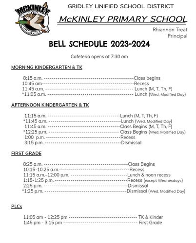 bell schedule for McKinley School