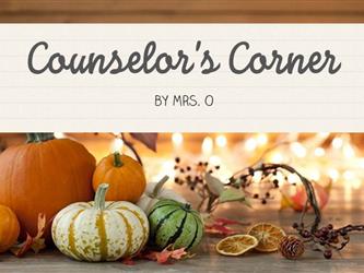 Counselors Corner by Mrs. O with pumpkins and white lights in the background